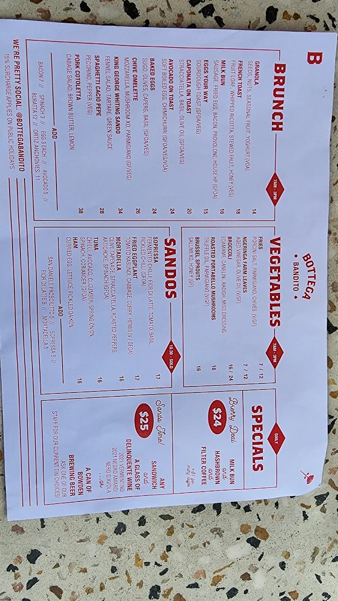 Menu, Bottega Bandito Prospect
