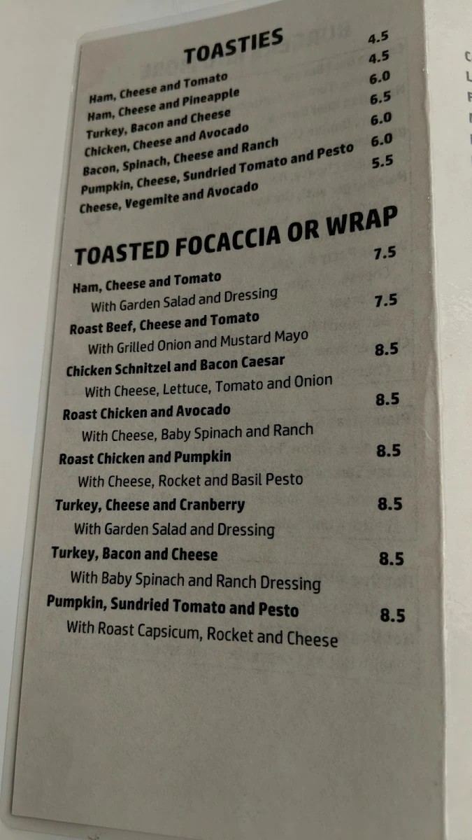 Menu, Cafè Sublime Parabanks