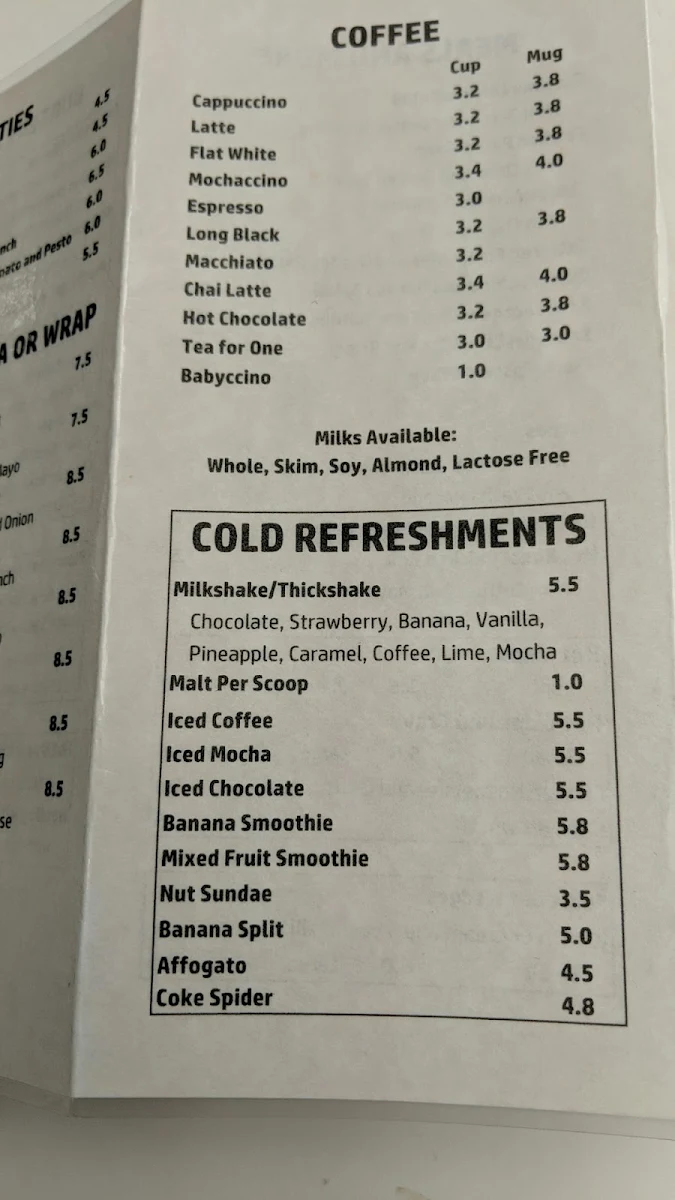 Menu, Cafè Sublime Parabanks
