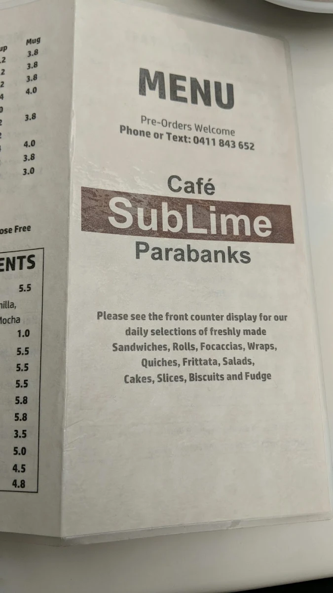 Menu, Cafè Sublime Parabanks