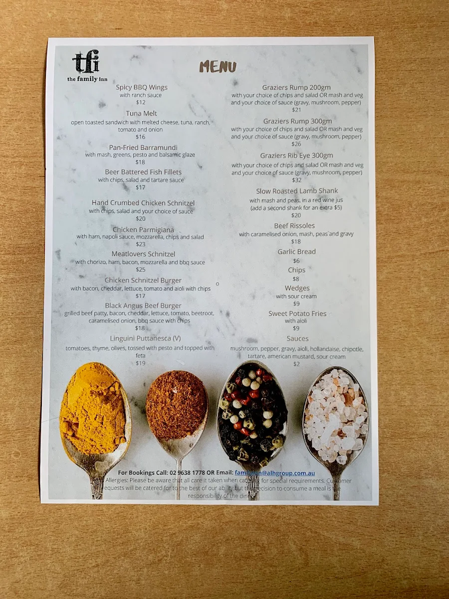 Menu, The Family Inn