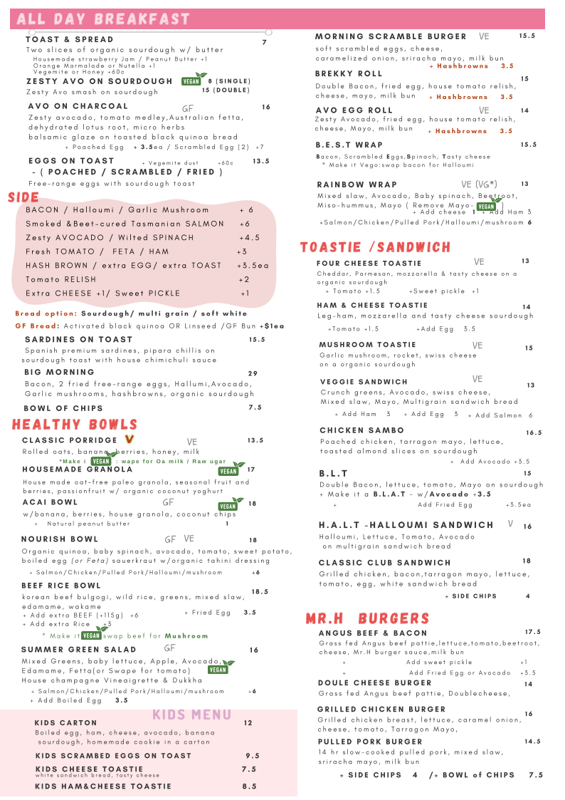 Menu, Mr.H Cafe and bar