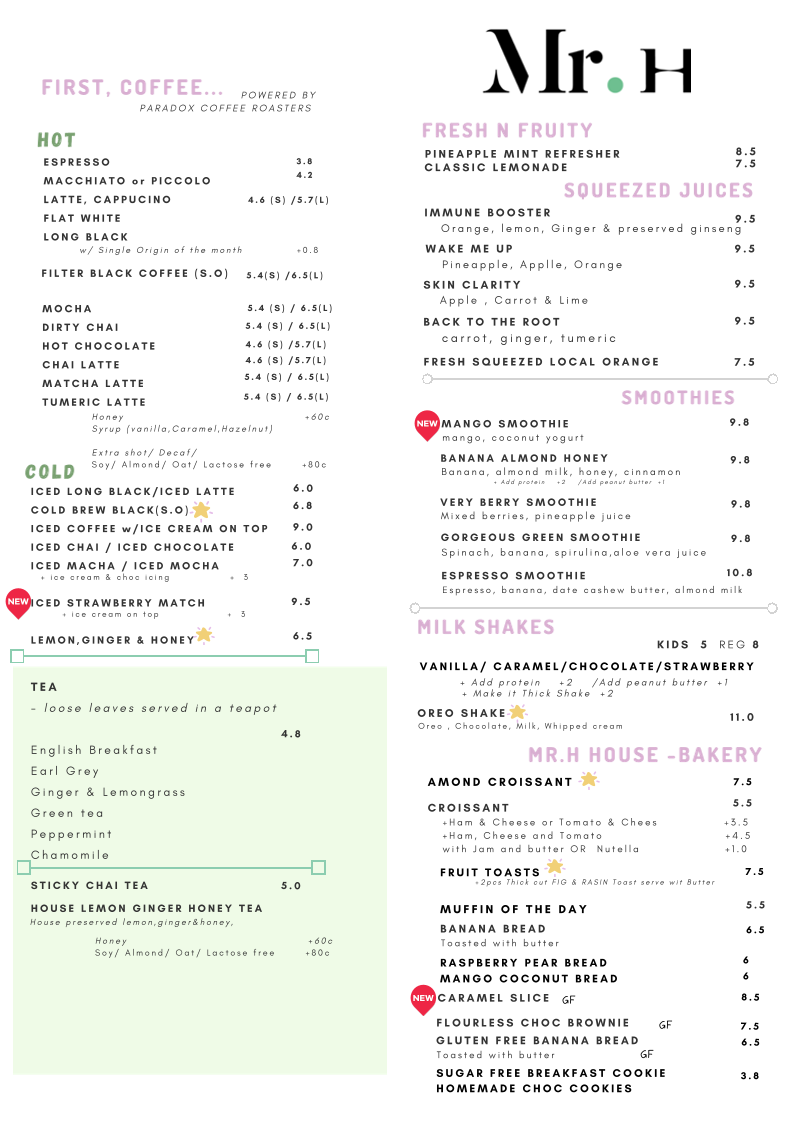 Menu, Mr.H Cafe and bar