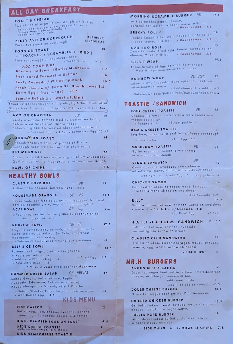 Menu, Mr.H Cafe and bar