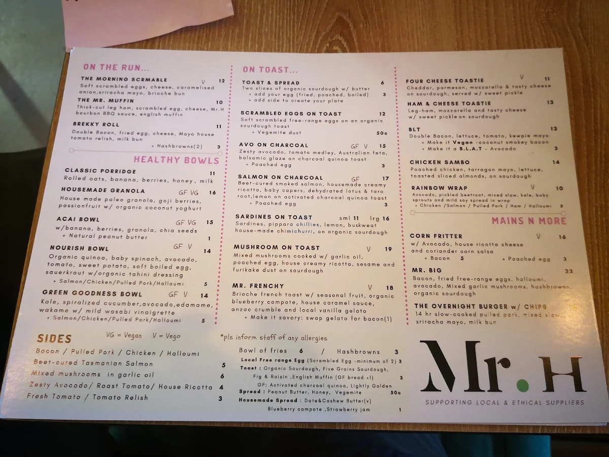 Menu, Mr.H Cafe and bar