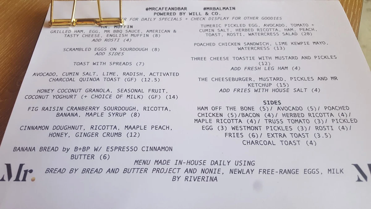 Menu, Mr.H Cafe and bar