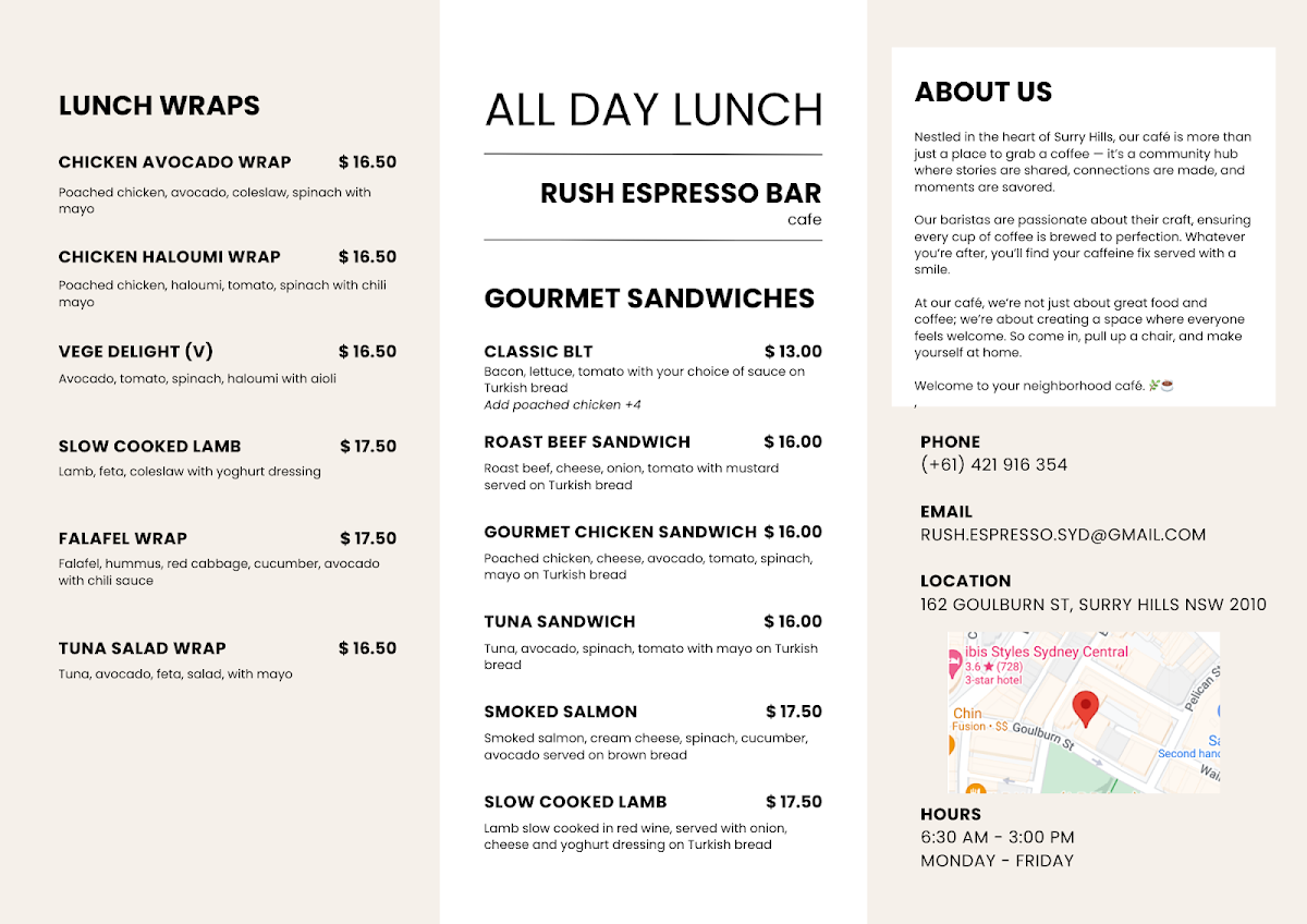 Menu, Rush Espresso Bar