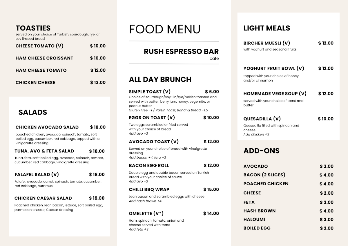 Menu, Rush Espresso Bar