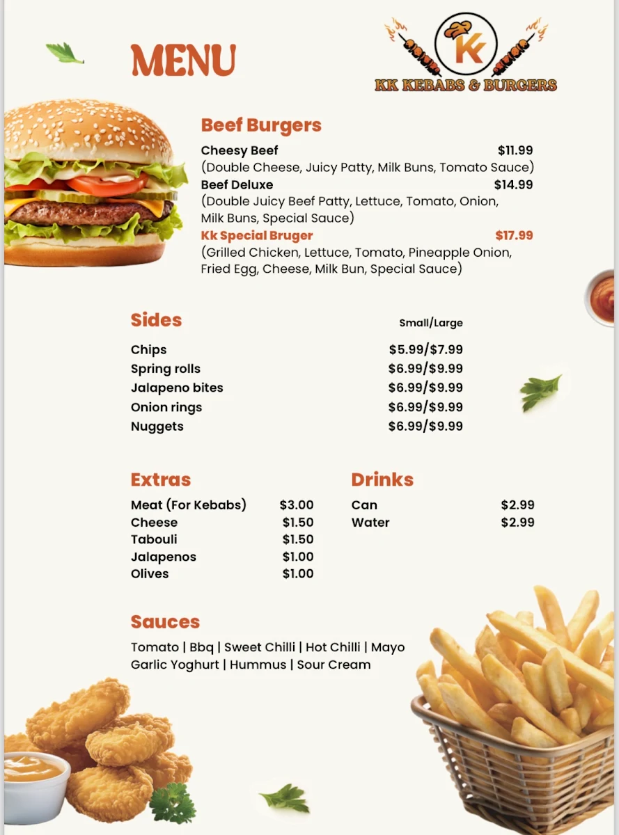 Menu, KK kebabs&burgers