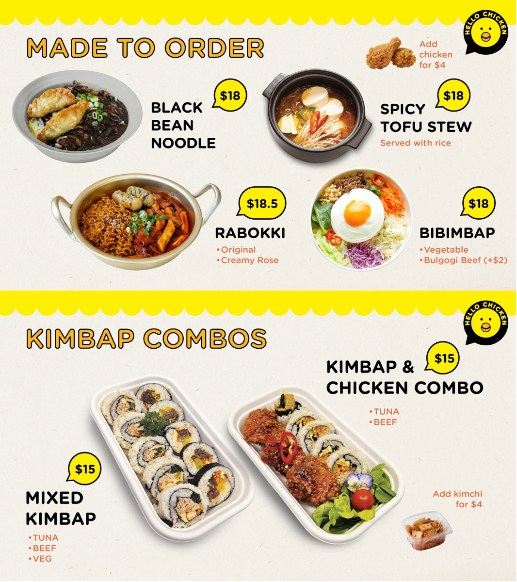Menu, Hello Chicken MQ
