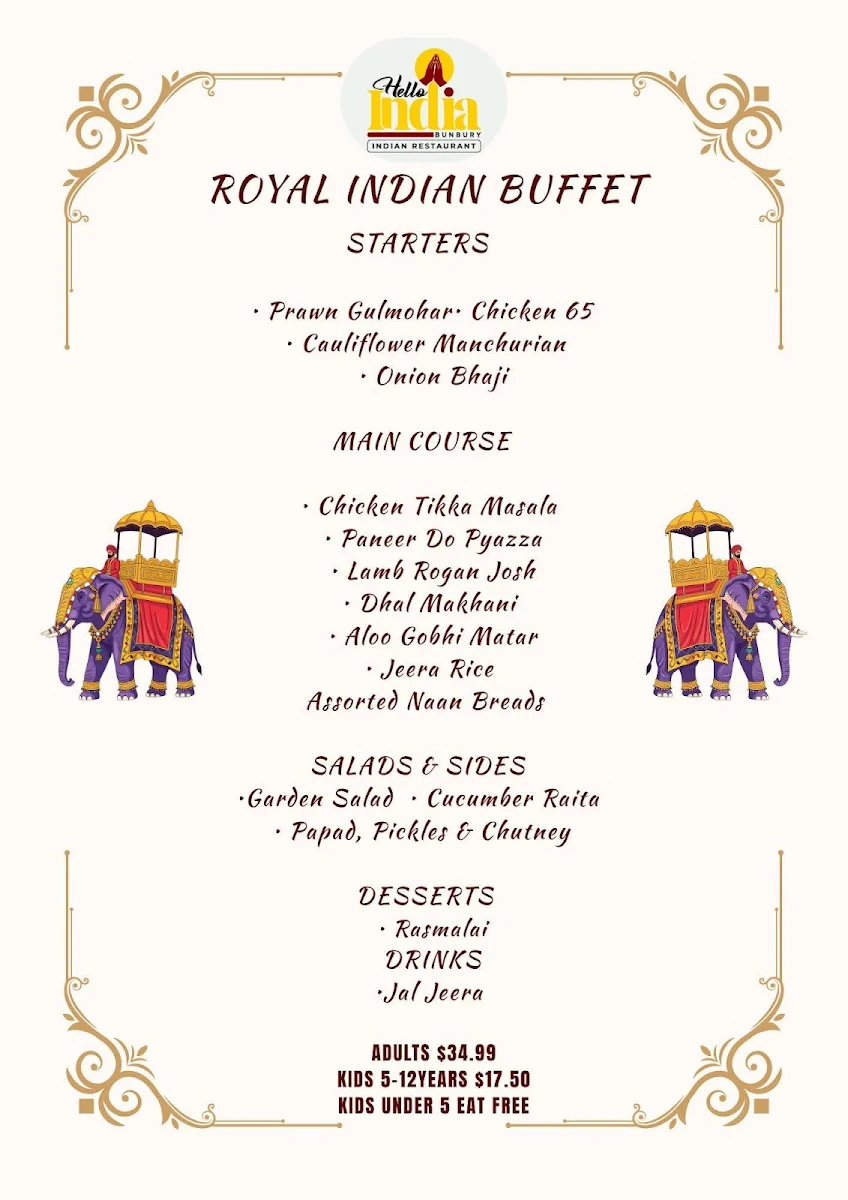 Menu, Hello India Bunbury