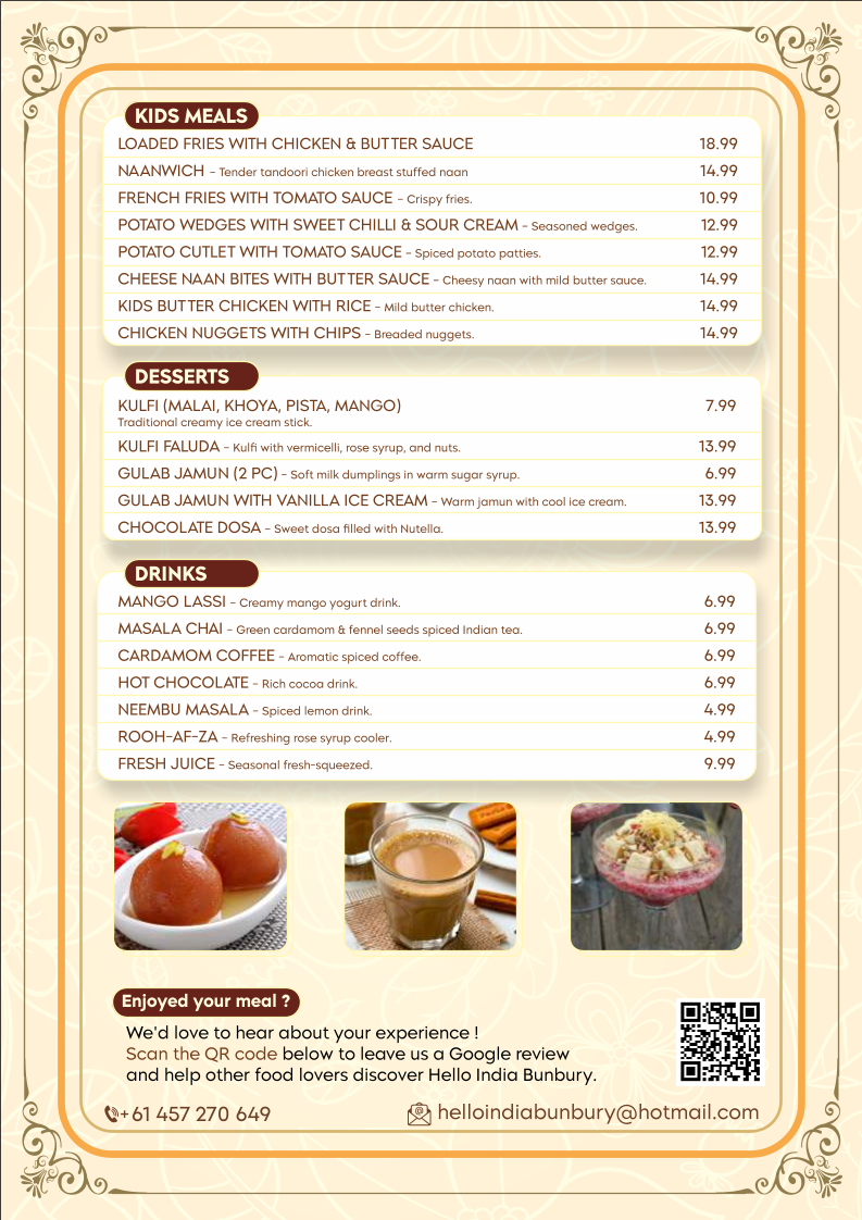 Menu, Hello India Bunbury