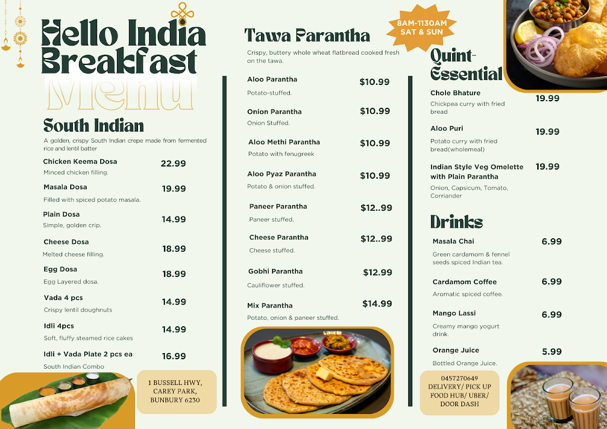 Menu, Hello India Bunbury