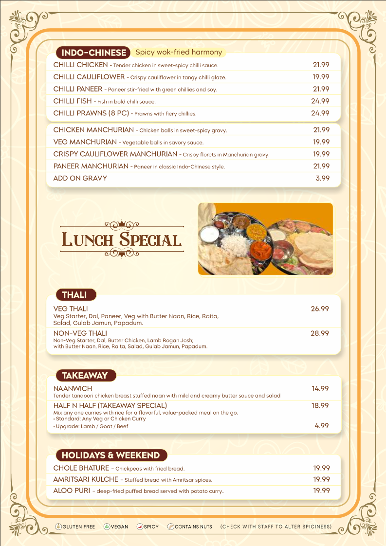Menu, Hello India Bunbury