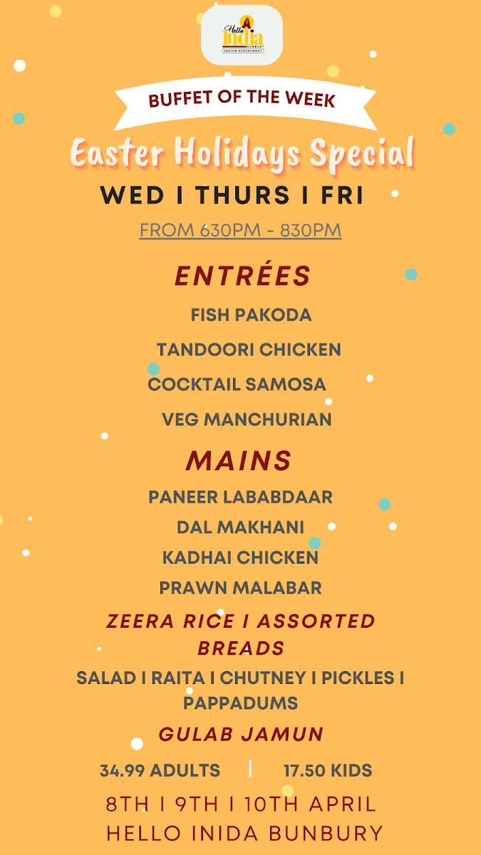 Menu, Hello India Bunbury