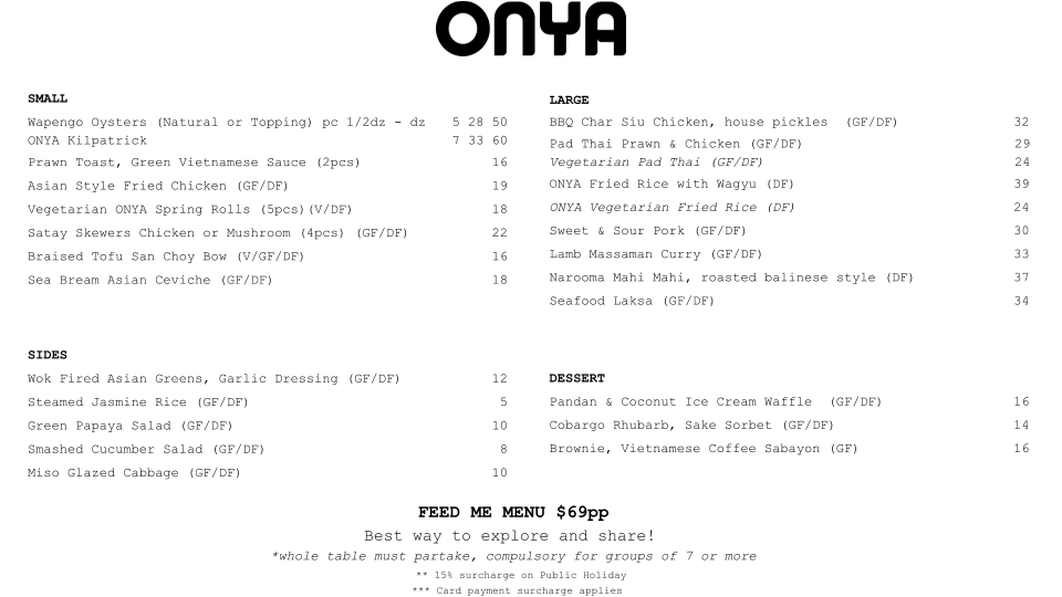 Menu, Onya restaurant