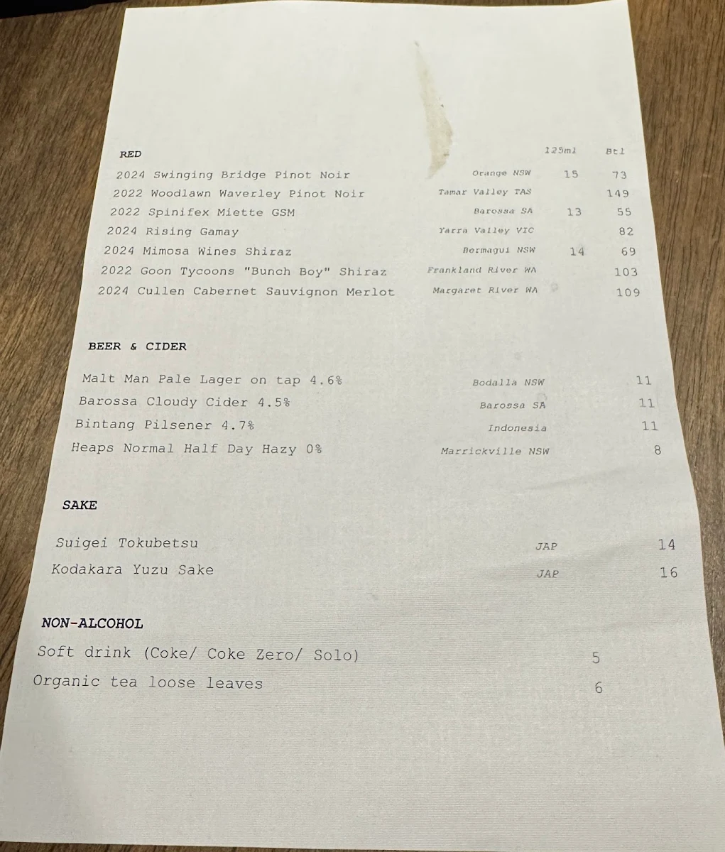 Menu, Onya restaurant