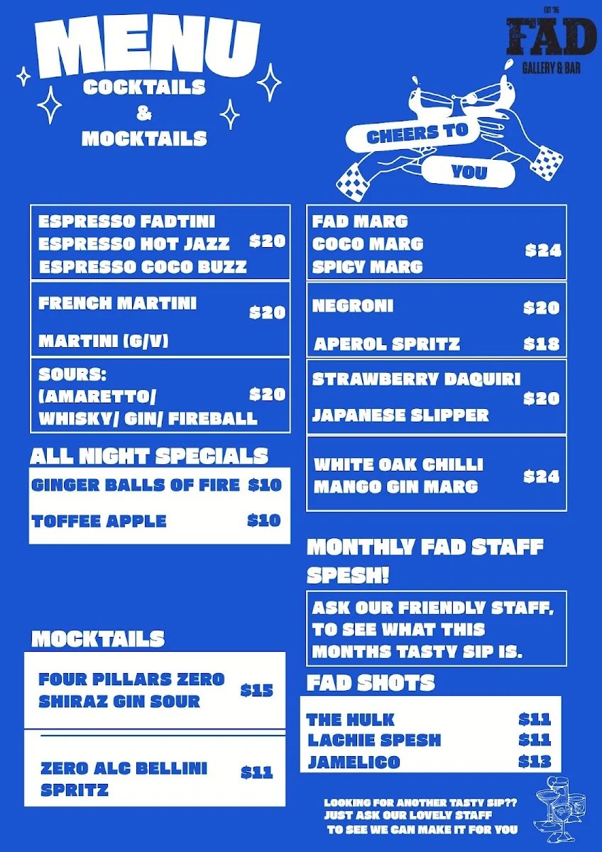 Menu, Fad Gallery Bar