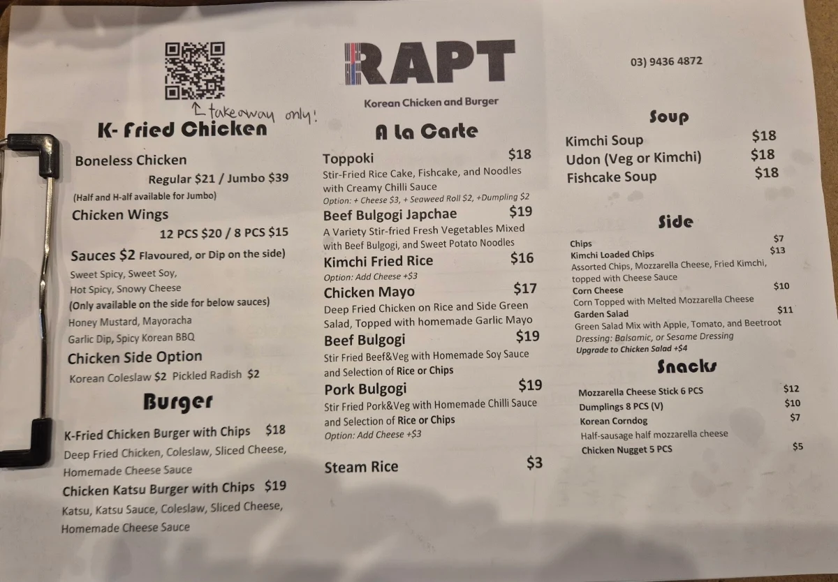 Menu, RAPT Korean Chicken & Burger - Mill Park