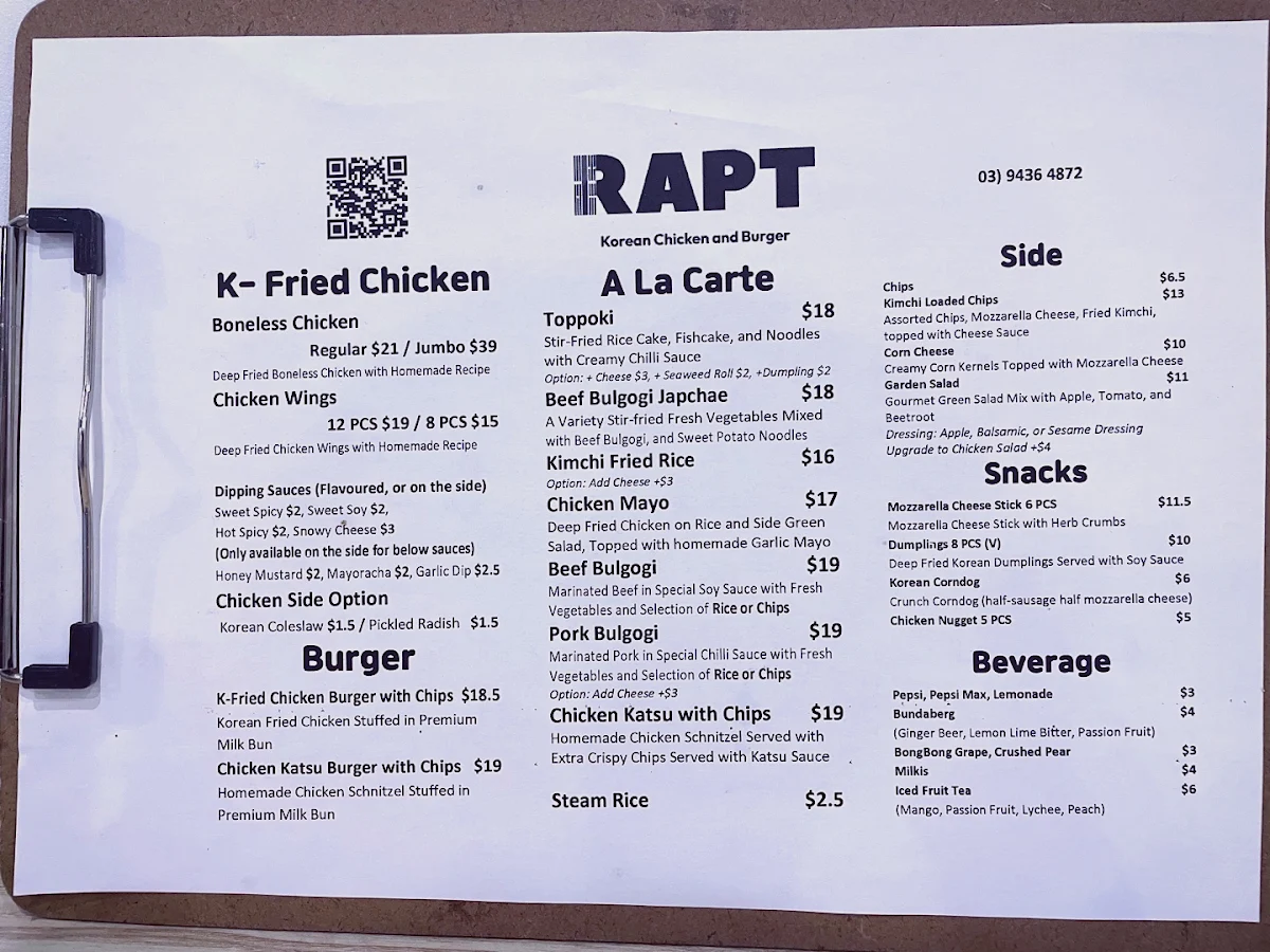 Menu, RAPT Korean Chicken & Burger - Mill Park