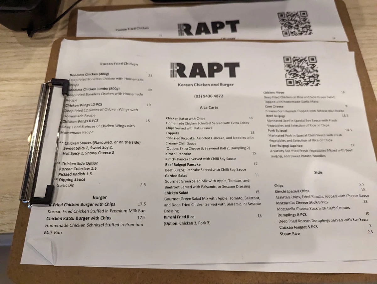 Menu, RAPT Korean Chicken & Burger - Mill Park