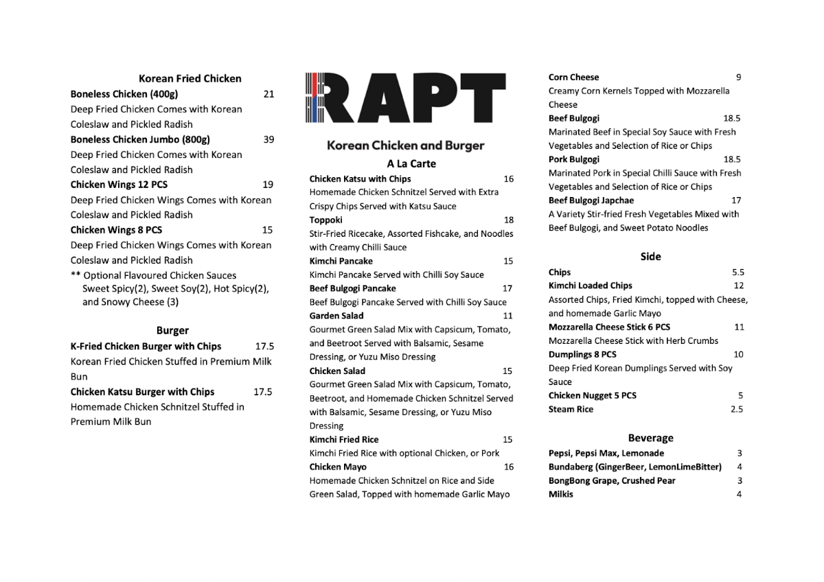 Menu, RAPT Korean Chicken & Burger - Mill Park