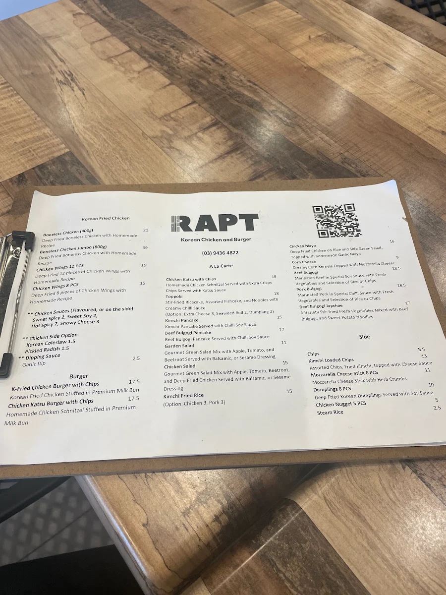 Menu, RAPT Korean Chicken & Burger - Mill Park