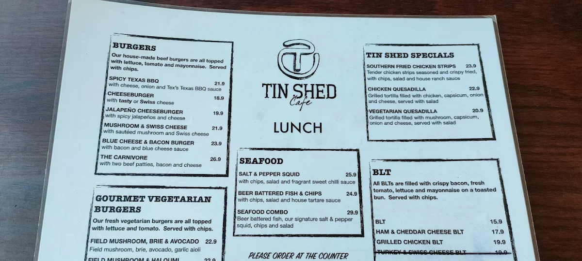 Menu, Tin Shed Cafe