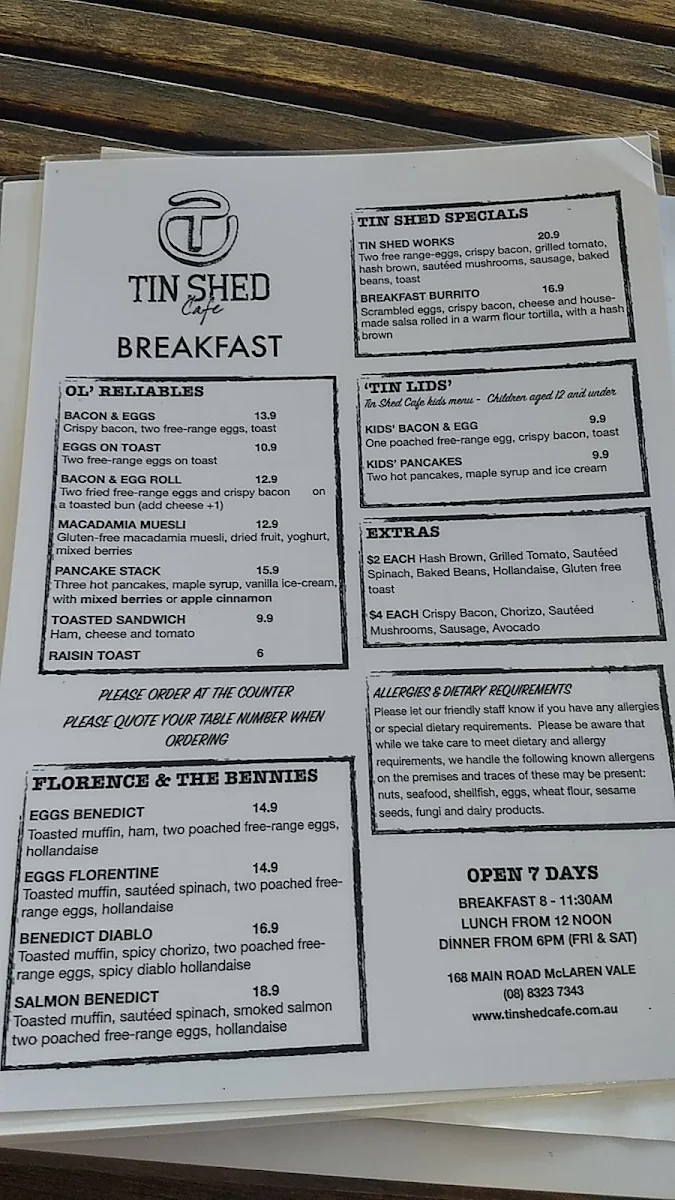 Menu, Tin Shed Cafe