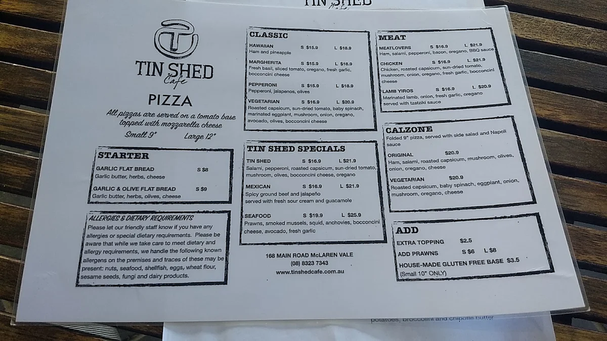 Menu, Tin Shed Cafe