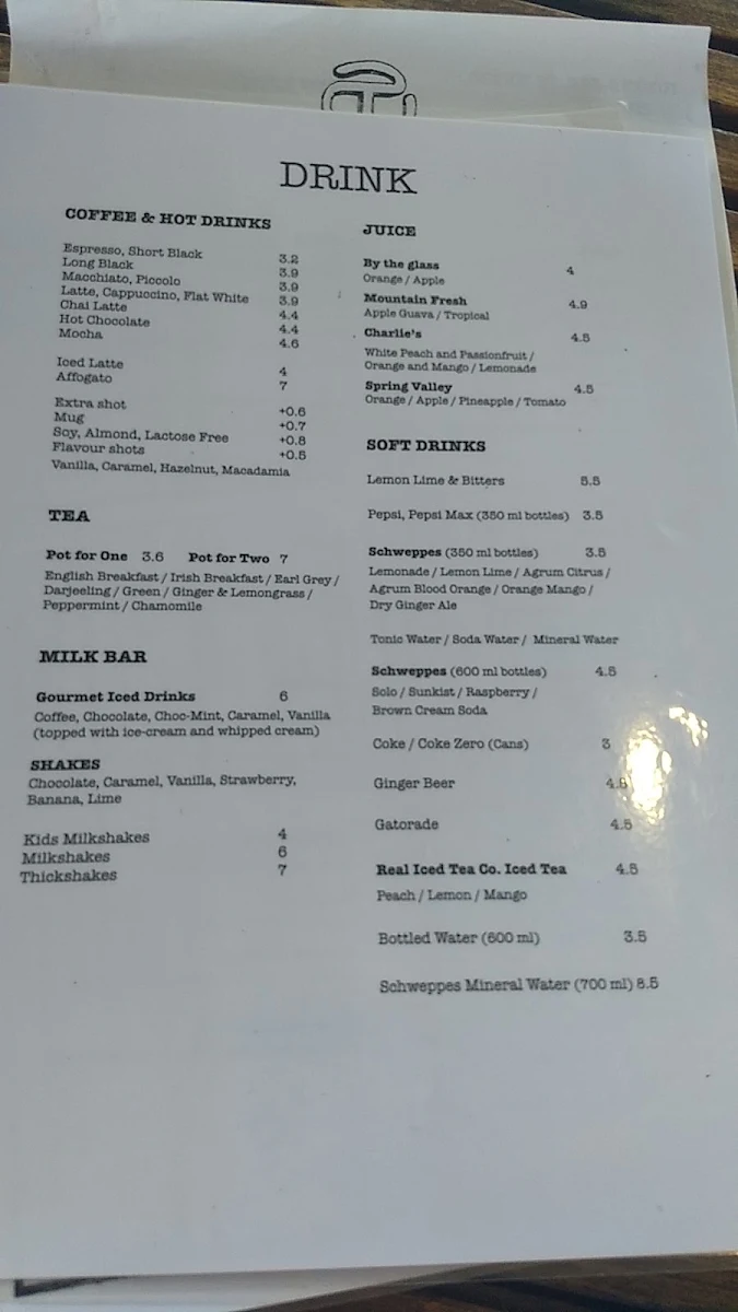 Menu, Tin Shed Cafe
