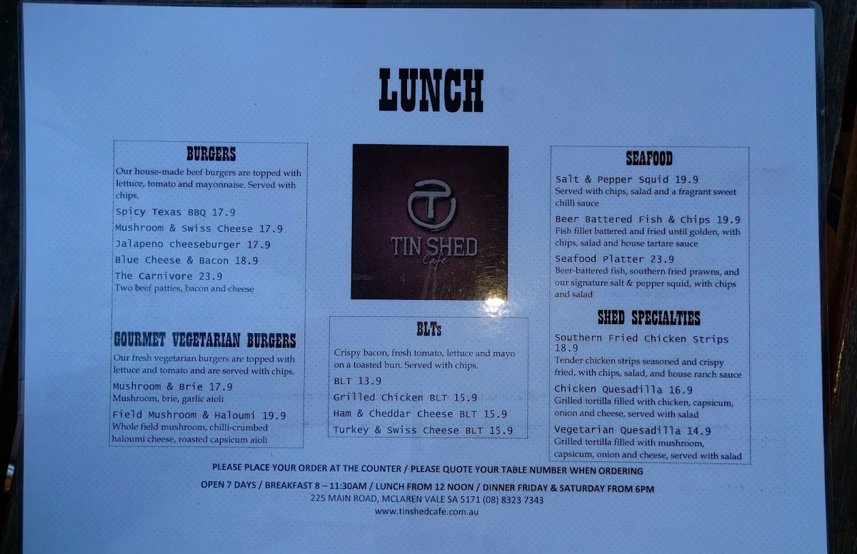 Menu, Tin Shed Cafe