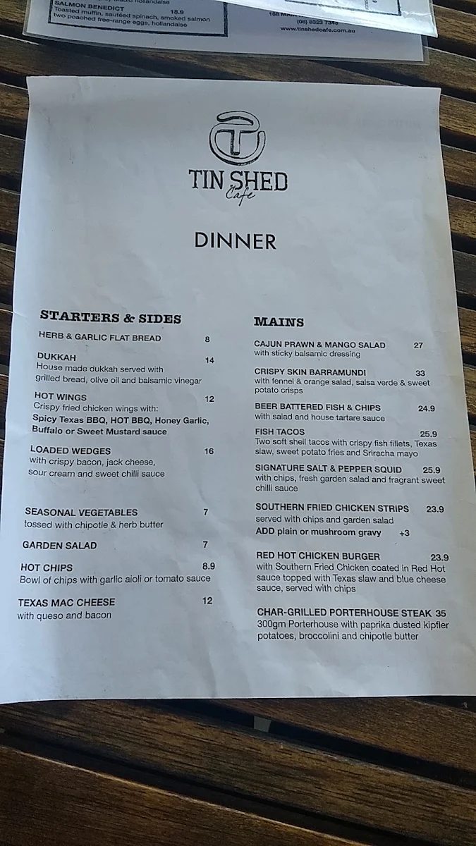 Menu, Tin Shed Cafe