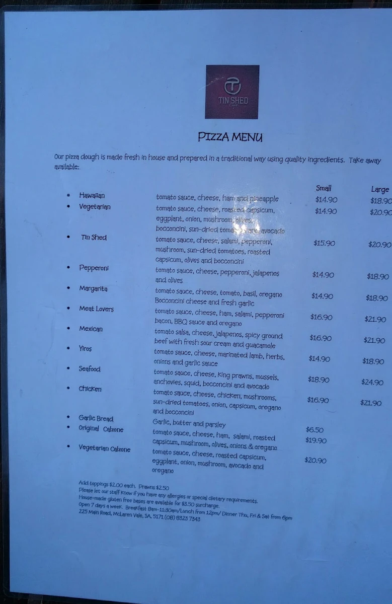 Menu, Tin Shed Cafe