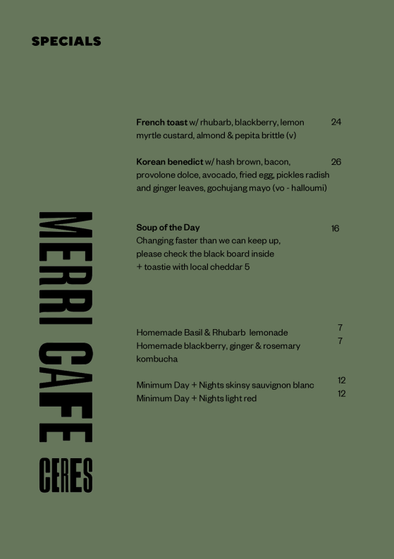 Menu, CERES Merri Cafe