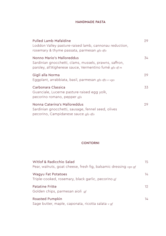 Menu, Embr Moama
