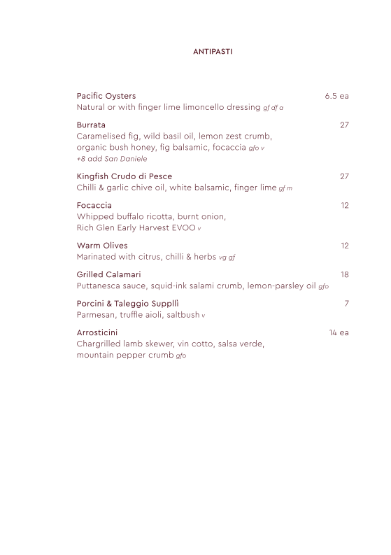 Menu, Embr Moama