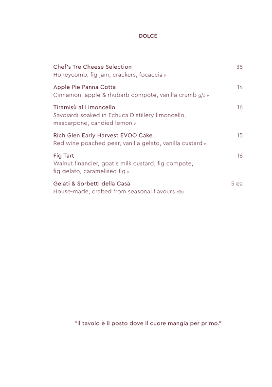 Menu, Embr Moama