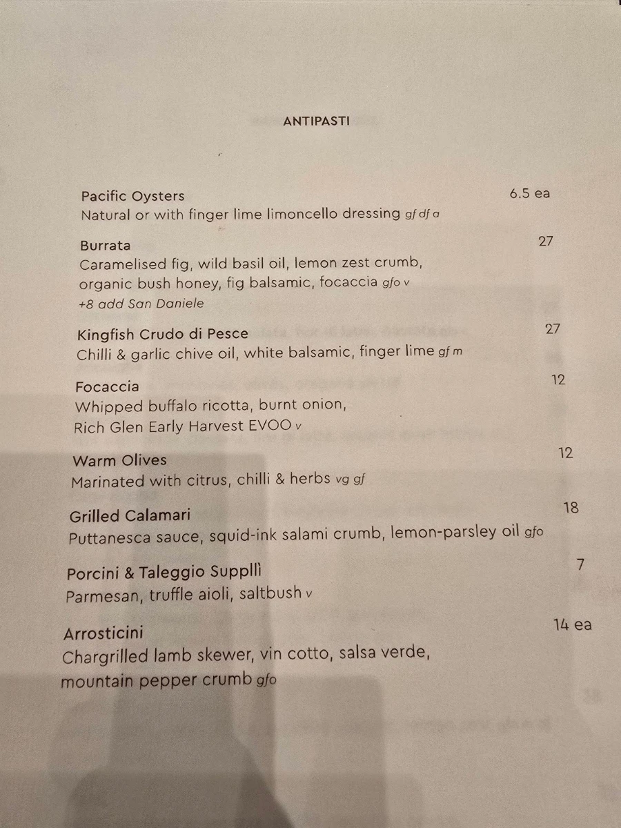 Menu, Embr Moama