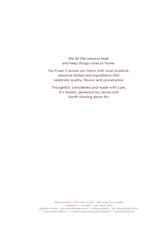 Menu, Embr Moama