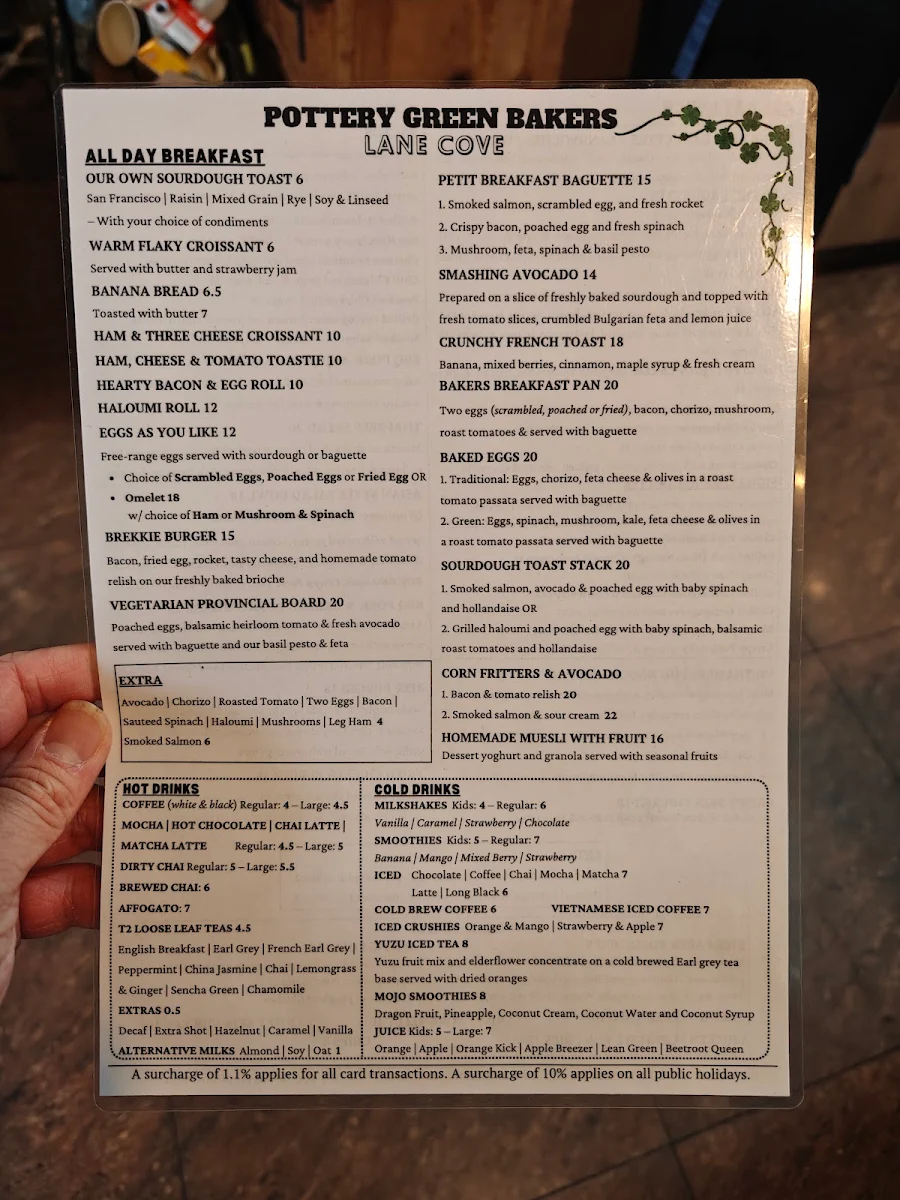 Menu, Pottery Green Bakers Lane Cove