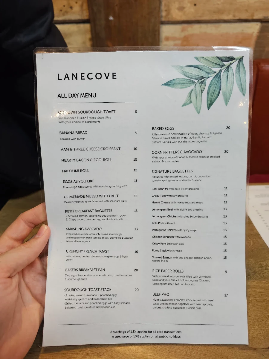 Menu, Pottery Green Bakers Lane Cove