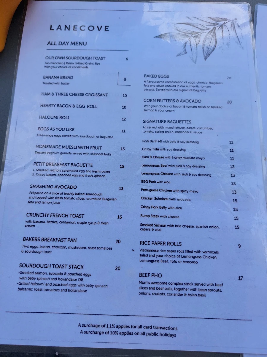 Menu, Pottery Green Bakers Lane Cove