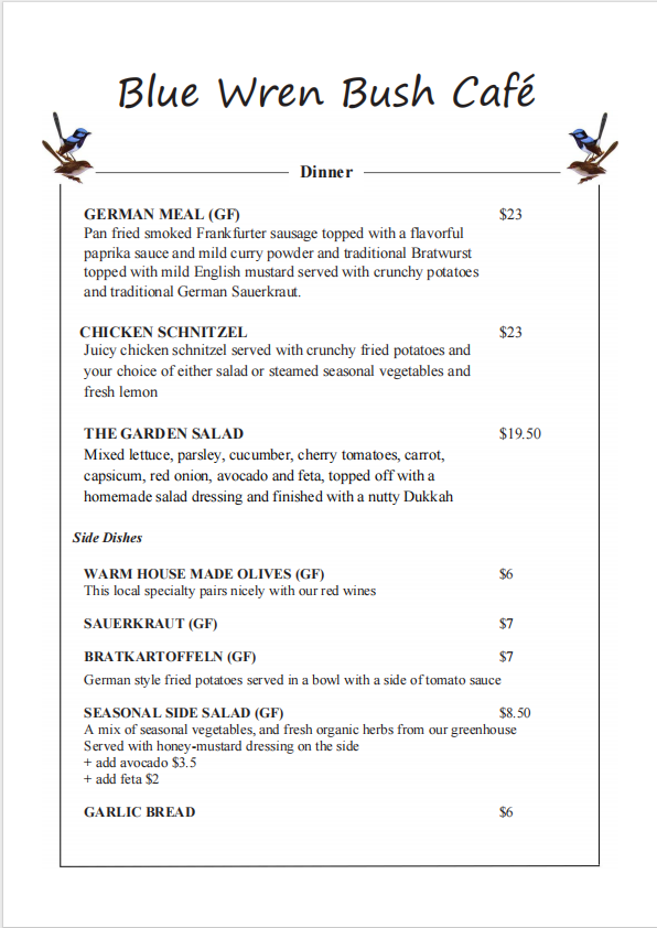 Menu, Pilliga Pottery Creative Farmstay with Blue Wren Bush Cafe