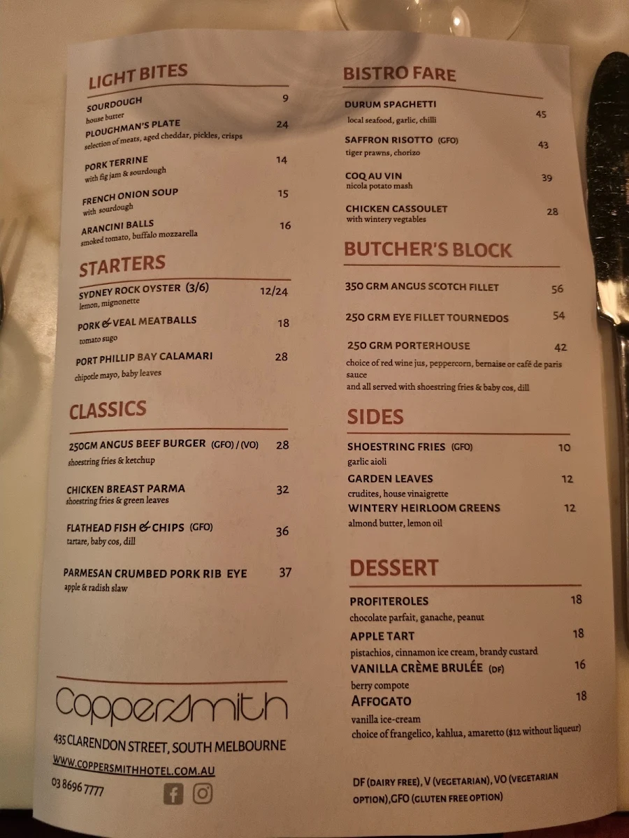 Menu, Coppersmith Restaurant