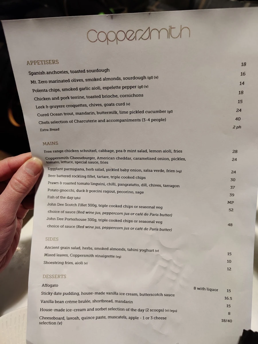 Menu, Coppersmith Restaurant