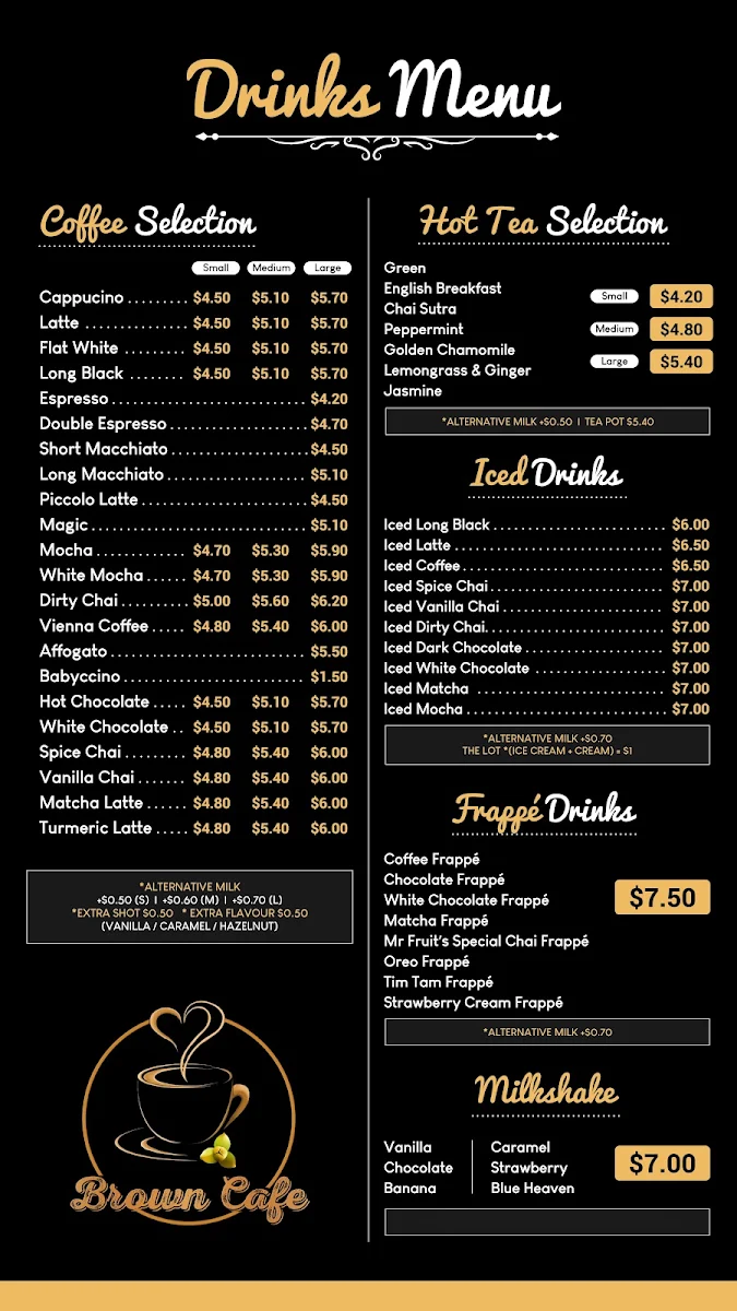 Menu, Brown cafe