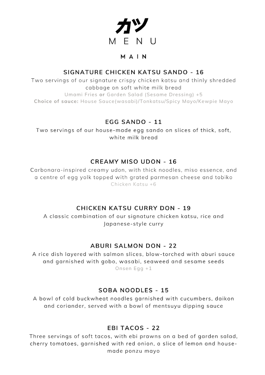 Menu, Katsu Cafe