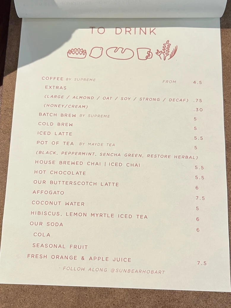 Menu, Sunbear Coffee