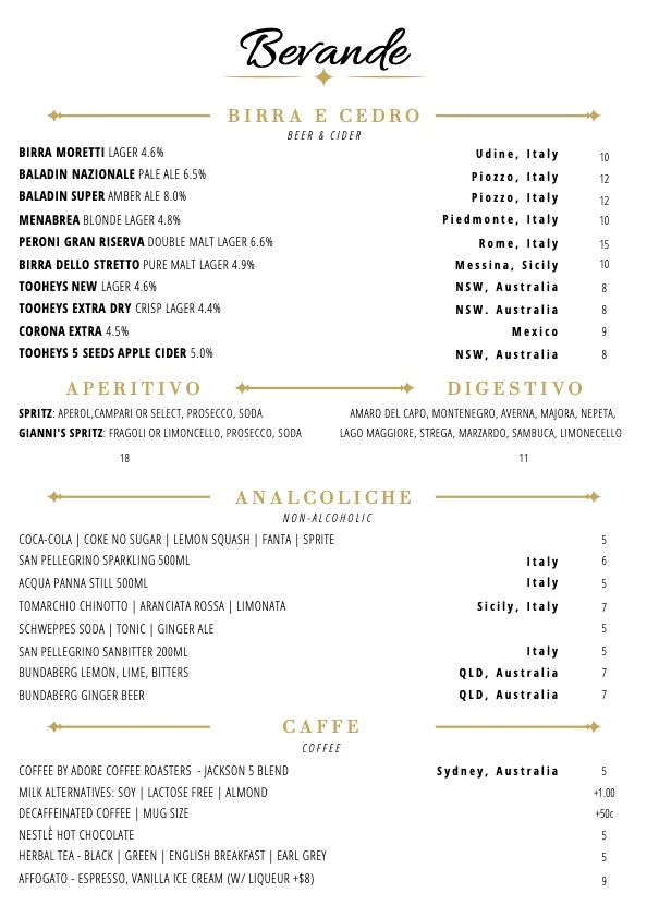 Menu, Gianni's